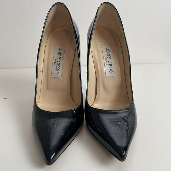 Jimmy Choo Black Patent Leather Pointed Toe Pumps Heels Size 38 Stiletto Classic - Picture 2 of 12
